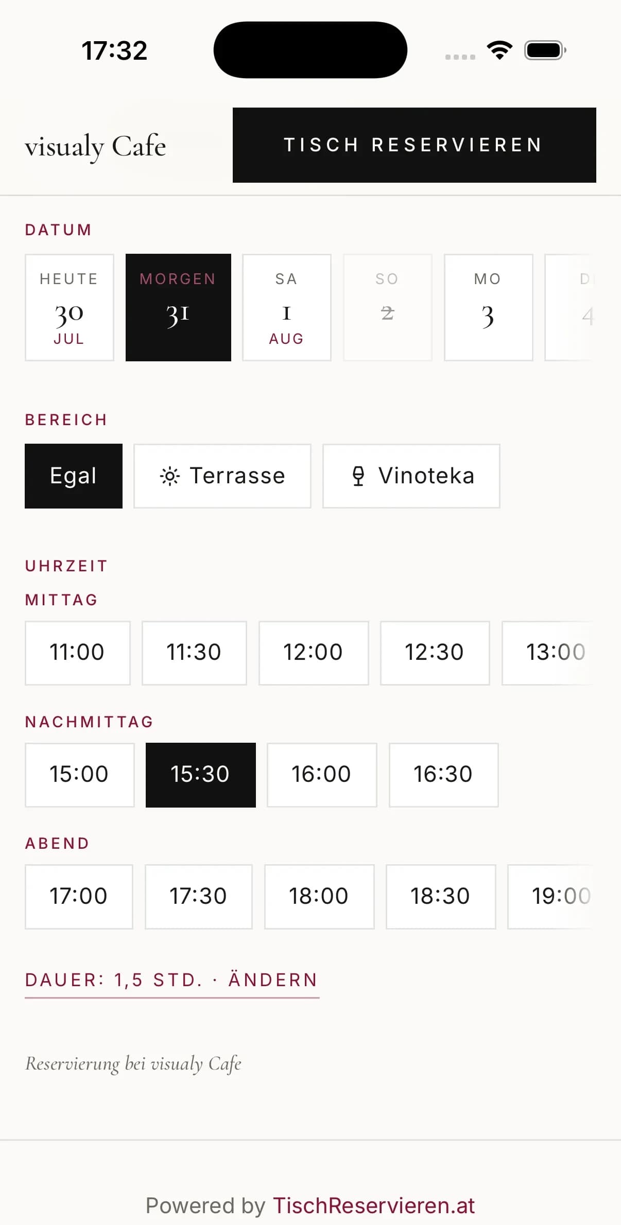 Buchungsseite am iPhone: Gäste wählen Datum, Bereich und Uhrzeit im Branding des Restaurants